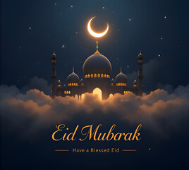 Stunning Mosque on Clouds, Wishing Eid Mubarak