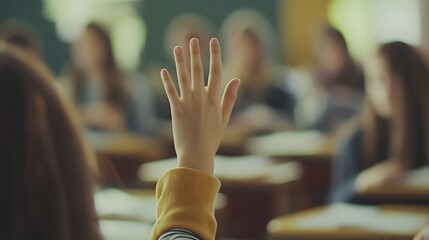 Student raises hand in classroom for question, participation and interaction