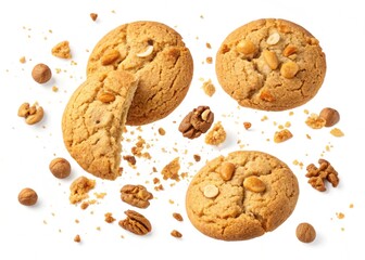 Nutty Cookies with Exploded Nuts on White Background