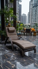 Fototapeta premium Brown lounge chair on city balcony with plants