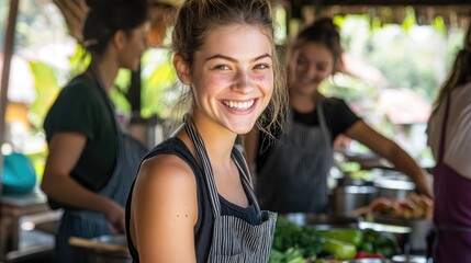 Culinary workshop smiles outdoor kitchen photography natural setting close-up community cooking experience