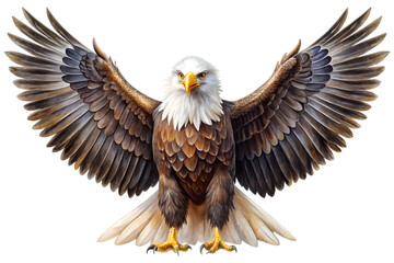 Obraz premium Majestic Bald Eagle with Wings Spread: A powerful bald eagle stands with its wings majestically spread wide, showcasing its impressive plumage and sharp gaze.
