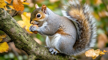 a squirrel is eating nuts on a tree branch