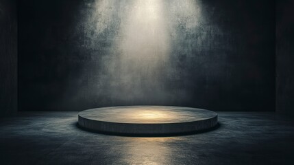 circular podium in the center of an empty room, illuminated by soft light from above. The background is a dark gray with subtle reflections on the surface.