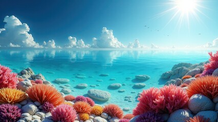 Vibrant bleached coral formations on a rocky tropical coastline with clear water	