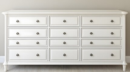 Fototapeta premium Elegant White Wooden Dresser with Multiple Drawers in a Modern Interior Home Setting