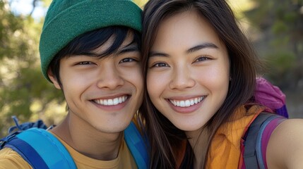 Adventure couples smiling together in nature outdoor exploration joyful memories beautiful landscape