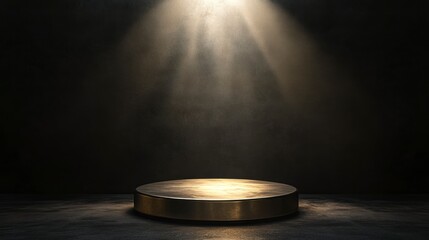 circular podium in the center of an empty room, illuminated by soft light from above. The background is a dark gray with subtle reflections on the surface.