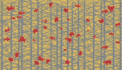 Crafted hand drawn brush line tree branches with fruits nature pattern, Japanese folk and Ethnic wood carving, engraving, wood block texture surface background, simple graphic for textile, stationary