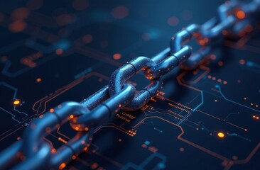 Blockchain technology concept with metallic chain and digital circuitry background