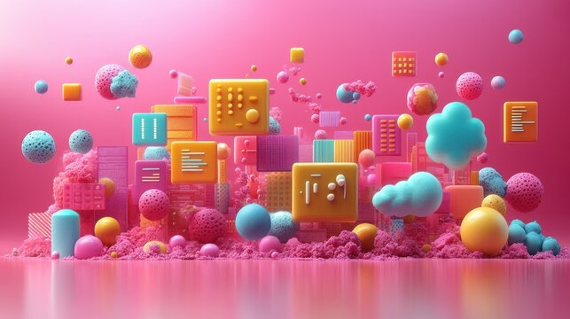 Colorful 3D Illustration of Programming Elements and Code Snippets with Bright Lighting and Playful Style