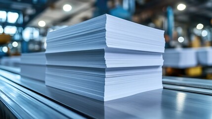 Stack of Freshly Printed Paper Sheets in a Modern Printing Factory