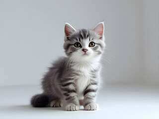 Portrait of cute cat. Grey and white British Shorthair kitten.