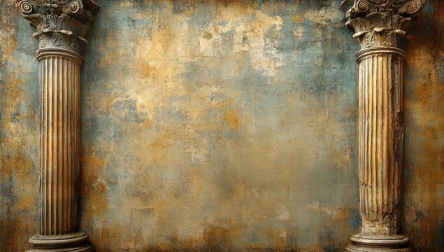 Antique weathered stone columns flanking a textured, antique wall background, showcasing a vintage, aged style. The warm, earthy tones of the wall include muted browns, grays, and hints of beige - Powered by Adobe