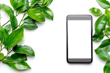 Smartphone mockup with empty screen and green leaves on white background