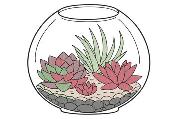  Photograph of a clear glass terrarium, filled with various types of small, low-maintenance succulents and cacti. The terrarium has a round shape with a wide base and a narrow opening at the top. Th