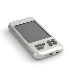 A silver-colored handheld gaming device with a touchscreen display and several buttons on the front and sides. 