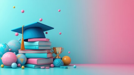 Education Symbols Graduation Cap Books Globe Trophy Cartoon Style 3D Illustration Study Learning