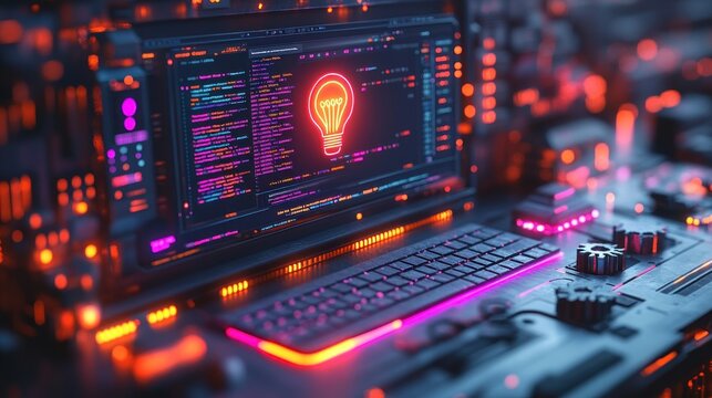 Digital Workspace for Programmers and Developers Featuring Colorful Coding Elements and Ambient Lighting