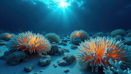 Glowing bleached coral on a tropical shoreline at sunset with ocean waves	
