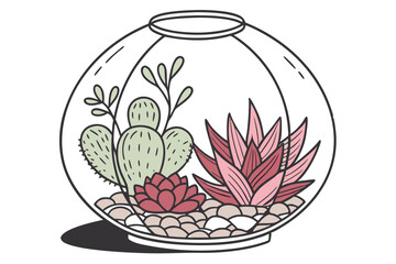  Photograph of a clear glass terrarium, filled with various types of small, low-maintenance succulents and cacti. The terrarium has a round shape with a wide base and a narrow opening at the top. Th