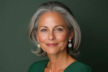 Elegant Mature Woman with Gray Hair and Earrings Posing Against Green Background