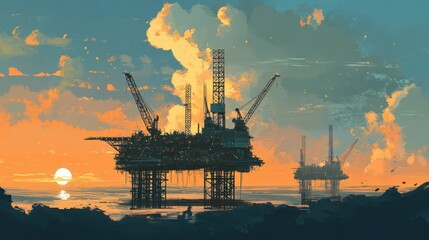 Obraz premium Offshore oil rigs at sunset, ocean background, energy production