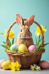 A charming bunny surrounded by colorful Easter eggs and daffodils in a wicker basket , nature, joyful