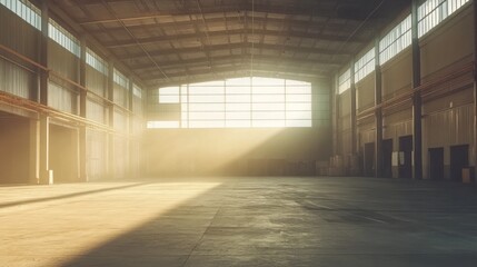 Abandoned old industrial warehouse in dusty afternoon sunlight