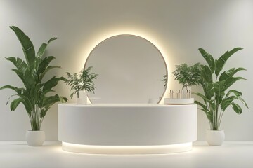 simple and elegant display stand with a white background, a circular mirror in the middle, green leaves on both sides