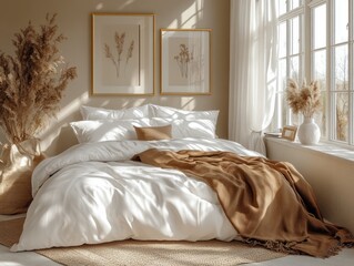 Cozy Minimalist Bedroom with Soft Bedding and Warm Throw in Natural Light