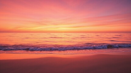 Fototapeta premium A stunning seascape with pink, orange, and purple hues painting the sky as the sun dips below the horizon. The calm waves reflect the colors, creating a breathtaking view.