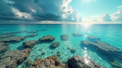 Obraz premium Split view of a bleached coral reef underwater and a tropical sky above 