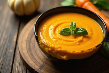 Creamy pumpkin carrot soup, basil garnish, black bowl, dish, wooden background, autumn food