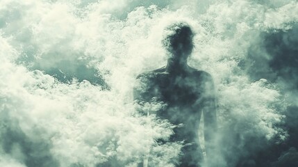 Fototapeta premium Silhouette figure shrouded in clouds; ethereal, moody atmosphere
