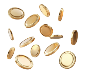 Floating gold coins in motion, isolated on transparent cutout background