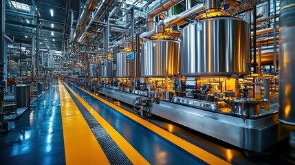 Obraz premium Modern Brewery Interior: Stainless Steel Tanks and Industrial Pipes