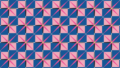 a repeating geometric pattern consisting of square shapes and diagonal lines, arranged in a grid or checkerboard pattern. Blue and pink colors are used to create a lively and visually appealing design