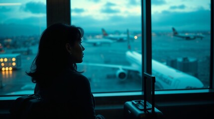 A woman stands in a dimly lit airport terminal, watching planes take off into the twilight sky, symbolizing the beginning of an exciting spring break trip.