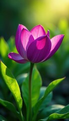Fototapeta premium Deep purple petals, vibrant green leaves, sunlight, detail, nature