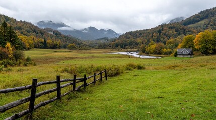 Autumn valley landscape, river, wooden fence, mountain background, nature scene