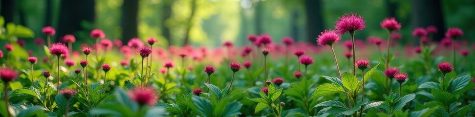 Dense Black Knapweed colony thriving in shaded woodland setting , wild plants, ecology, colony