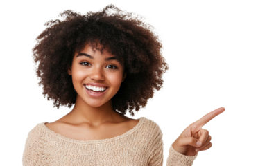 Happy young woman with curly hair pointing to the side, isolated on transparent cutout background
