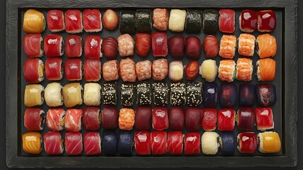 Colorful Sushi Assortment in Dark Tray, Overhead