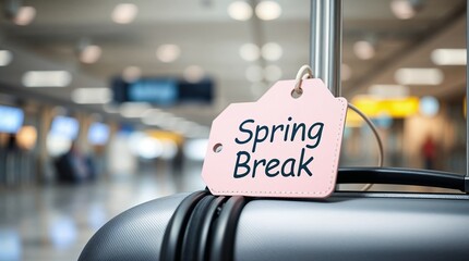 A suitcase at the airport with a "Spring Break" tag, symbolizing excitement and travel anticipation for an upcoming vacation.