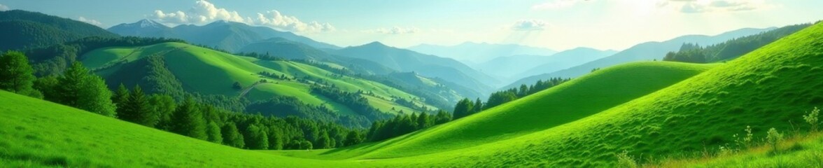 Fototapeta premium Emerald hillsides bathed in sunlight, lush green valleys , landscape, mountain