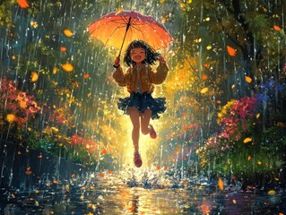 Fototapeta premium Cheerful girl jumping in puddle playing in rain with friends enjoying fun and laughter in the park