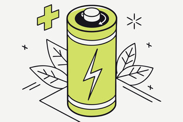   Battery icon, green energy symbol, cylindrical shape, vibrant lime green color, black cap, lightning bolt icon, eco-friendly power, sustainable technology, flat design, minimalist illustration, cle