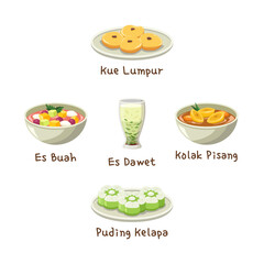 Indonesian Iftar food(takjil) vector. Mud cake (kue lumpur), dawet (cendol), coconut pudding, mix fruit with ice (es buah), banana compote (kolak pisang).