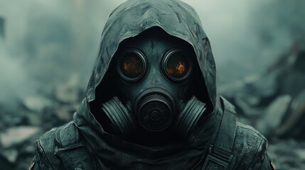 Post-Apocalyptic Soldier in Gas Mask Amidst Wreckage in Cyberpunk Style